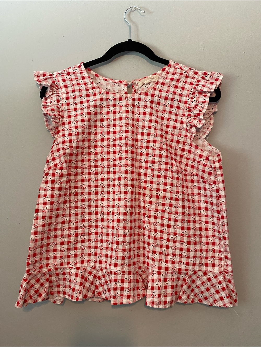 Solitaire Red and White Gingham Eyelet Ruffle Sleeve Top